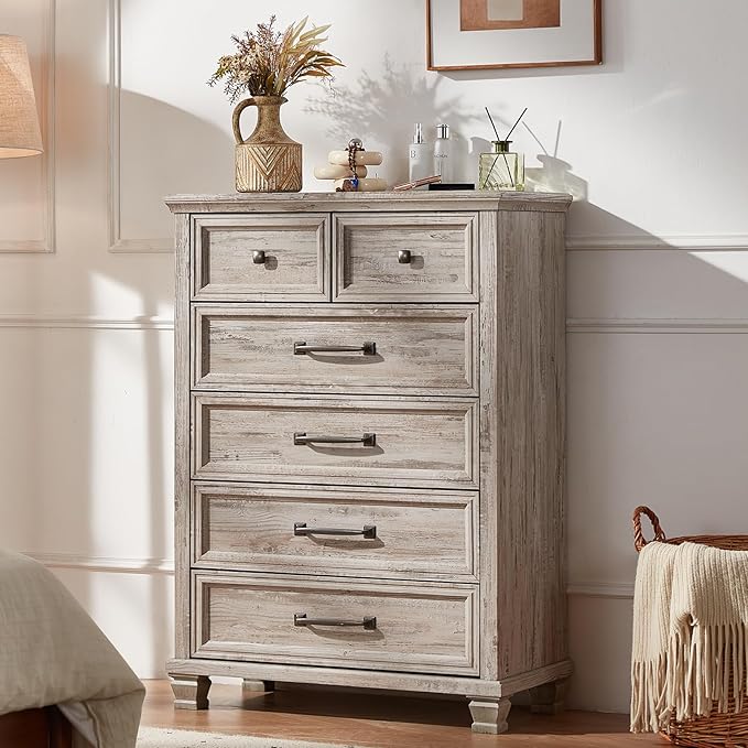 Farmhouse 6 Drawer Dresser for Bedroom, 45 Inch Tall Vintage Wood Chest of Drawers, Rustic Dressers w/Square Wooden Legs, Mid-Century Storage Organizer for Living Room, Hallway, Grey