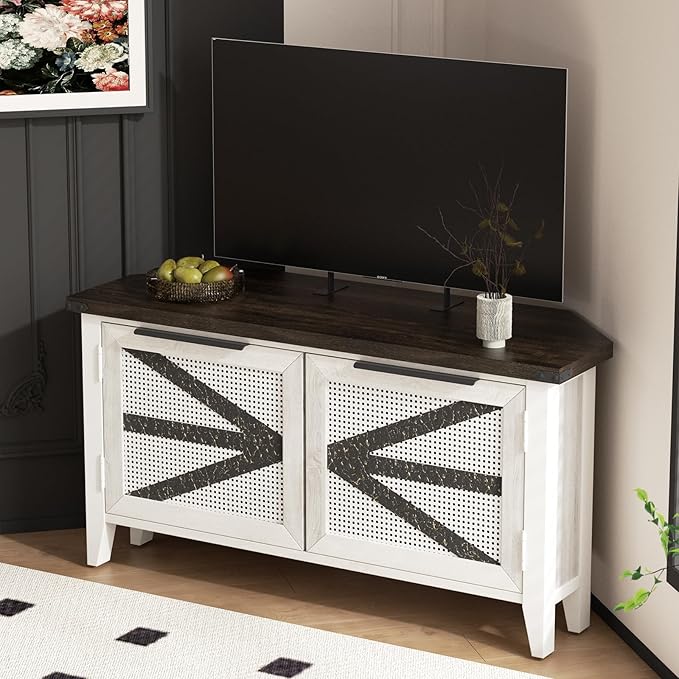 VFK Farmhouse Corner TV Stand for 50 Inch TV, Rustic Entertainment Center with Storage, Space-Saving Media Console Table for Living Room & Bedroom