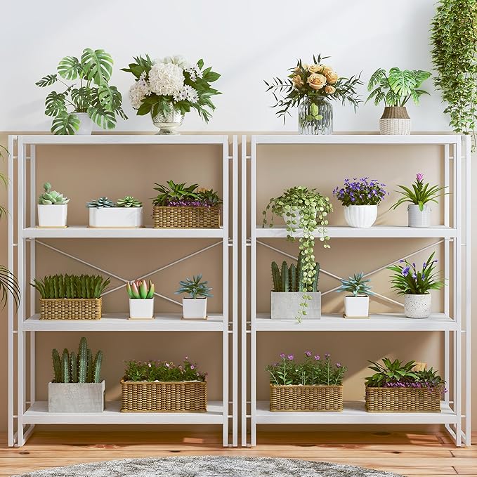 HCHQHS Bookshelf, 4-Tier Industrial Bookcase, White Open Book Shelf, Freestanding Tall Bookshelves with Metal Frame