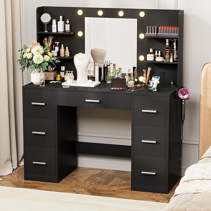 VICTONE Vanity Desk with LED Lighted Mirror&Power Outlet, 3 Model Lights Makeup Vanity Table with 7 Drawers and 6 Storage Shelves for Bedroom and Dressing Room (Black)