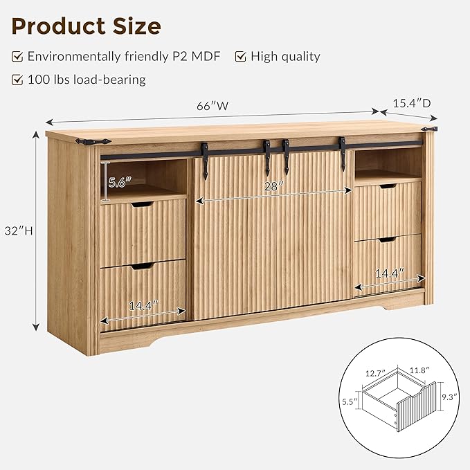 JXQTLINGMU Modern 66" TV Stand, Entertainment Center for TVs Up to 75", Media Console w/4 Drawers & Sliding Door, Wood Television Stand for Living Room, Luxury Fluted TV Stand w/Storage Shelves, Oak