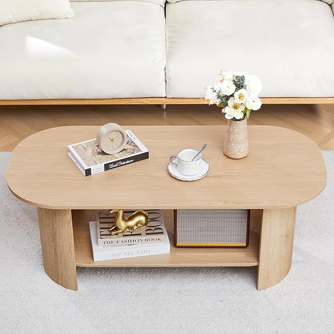 43.3” Oval Coffee Table with Storage, Wood Coffee Tables for Living Room, Farmhouse Center Table with 2-Tier Storage Shelf Low Tea Table for Small Space, Home, Office (Natural)