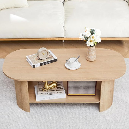 43.3” Oval Coffee Table with Storage, Wood Coffee Tables for Living Room, Farmhouse Center Table with 2-Tier Storage Shelf Low Tea Table for Small Space, Home, Office (Natural)