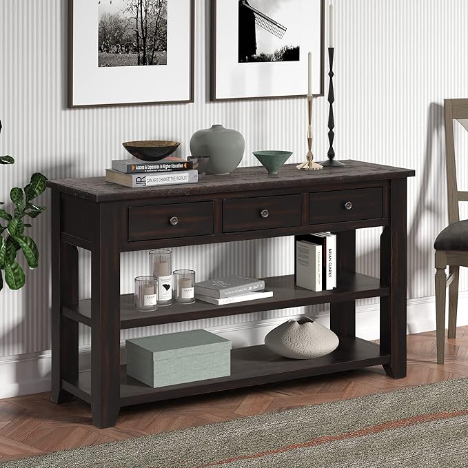 Knocbel Farmhouse Entryway Long Console Table with 3 Storage Drawers and Bottom Open Shelves, Entry Hallway Foyer Sofa Table with Handles, Distressed Black, 29.9" H x 48.8" W x 15.8" D (Black)