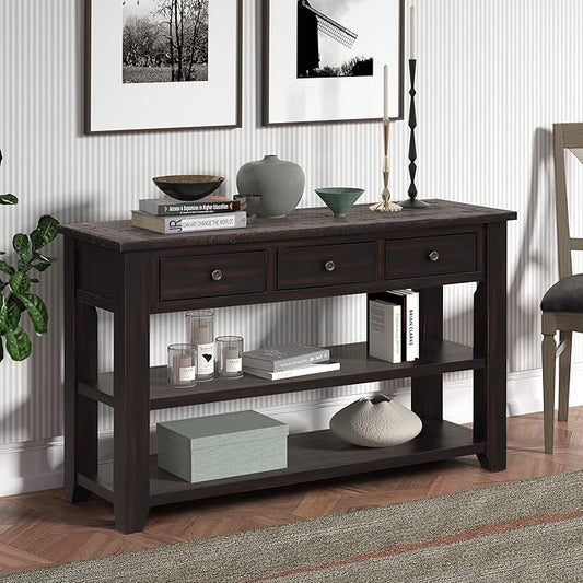 Knocbel Farmhouse Entryway Long Console Table with 3 Storage Drawers and Bottom Open Shelves, Entry Hallway Foyer Sofa Table with Handles, Distressed Black, 29.9" H x 48.8" W x 15.8" D (Black)