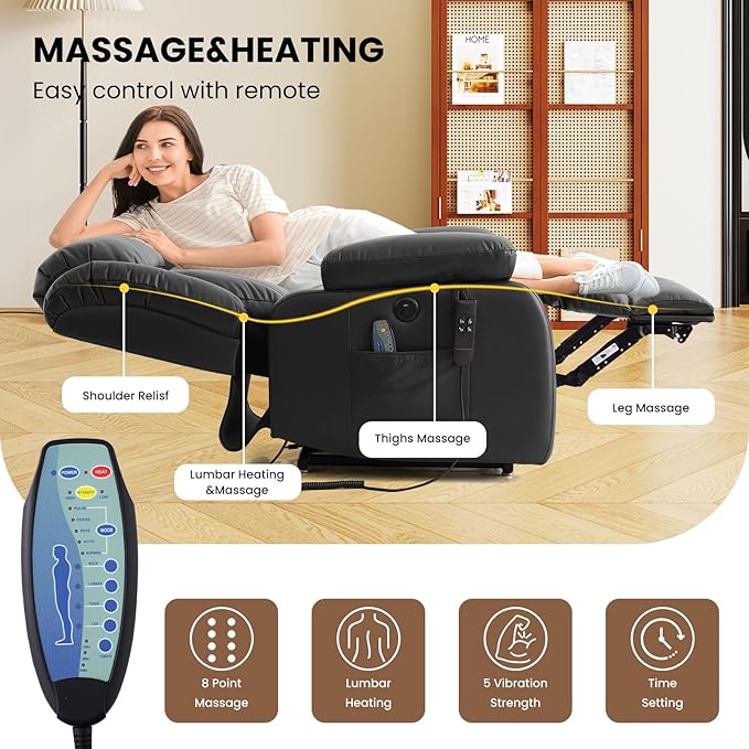 TEKAMON Power Lift Recliner Chair for Elderly with Heat & Massage, Dual Motor Breathable Leather Recliner, Lay Flat Sleeping Chairs with Infinite Position, RemoteControl & USB Ports(Black)