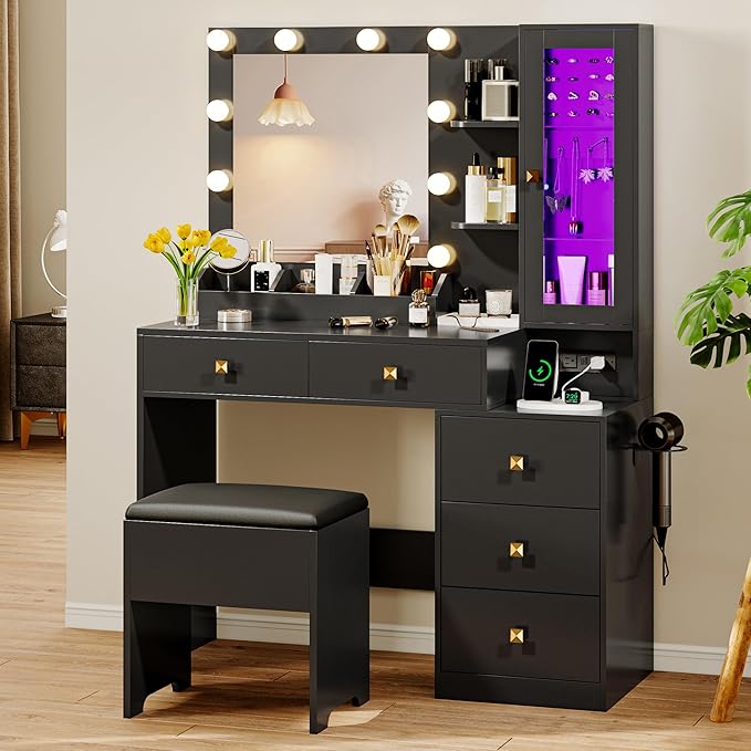 Vanity Desk with Mirror and Lights, Makeup Vanity Table Set with 5 Storage Drawers, Power Outlet & Chair, Small Dressing Table with RGB Ambient Light, Adjustable Brightness for Girls Bedroom, Black