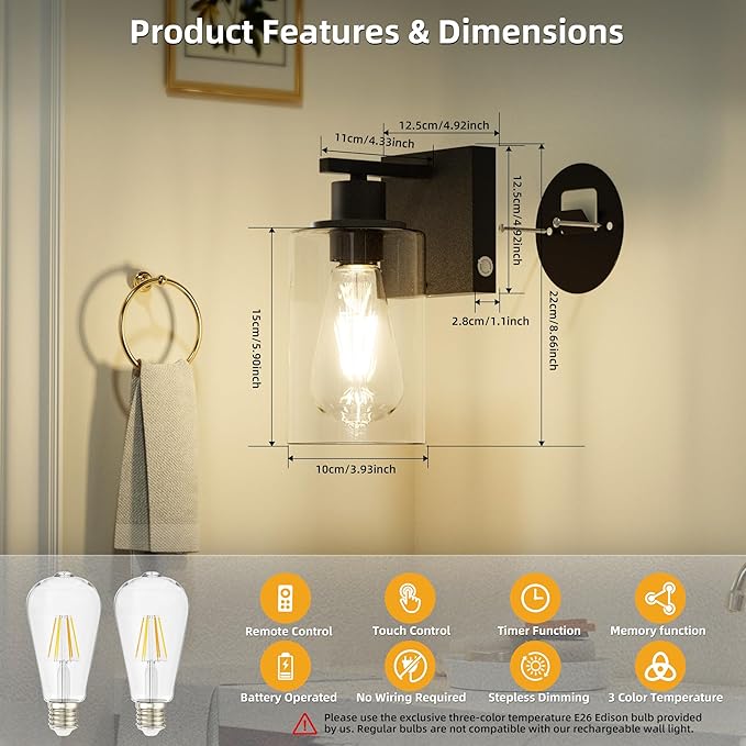 Battery Operated Wall Sconce with Remote Wall Light Rechargeable Wireless Cordless Led Glass Wall Lamp Indoor with 3 Color Temperature Dimmable E26 Edison Bulbs for Bedroom Bathroom Hallway Black