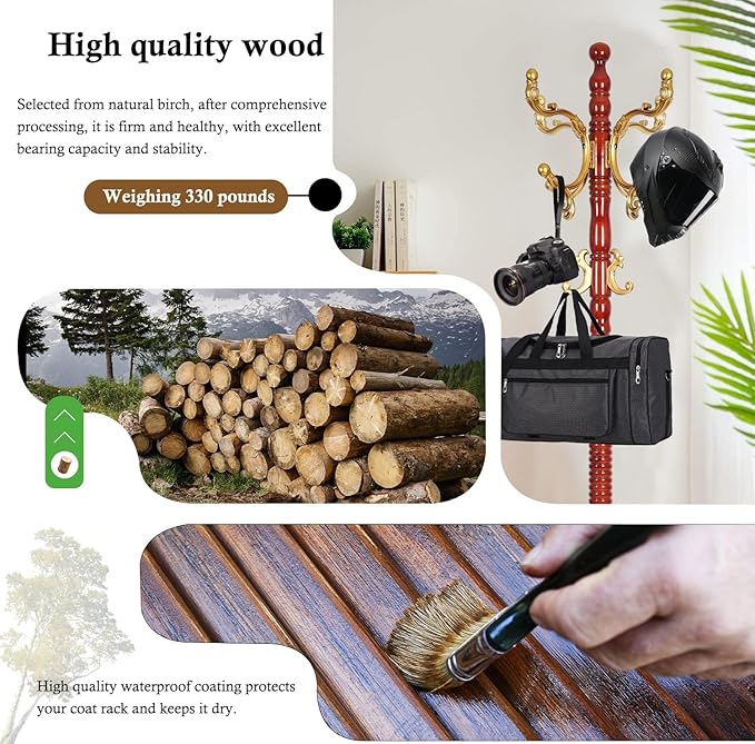 Coat Rack Stand, Solid Wooden Coat Tree with 14 Hooks, Heavy Duty Coat Rack Freestanding with Sturdy Round Base, Natural Birch Wood Coat Hanger Stand for Entryway Bedroom (Begonia)