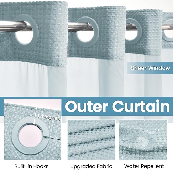 Fog Blue Long No Hook Shower Curtain with Snap in Liner,230GSM Waffle Weave Shower Curtains for Bathroom,71W x 86H