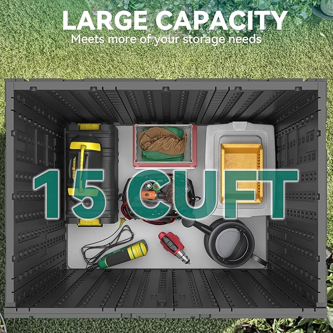 YITAHOME Outdoor Storage Cabinet with 2 Shelves, Waterproof Resin Horizontal Tool Shed, Lockable 15 cu. ft. Storage Shed for Patio, Garden, Yard, Dark Gray