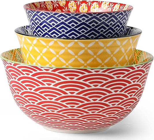 Ceramic Mixing Bowls for Kitchen, Colorful Nesting Bowls, Large Serving Bowls for Prepping, Baking, Mixing, Salad, Microwave Dishwasher Safe, 3.7/2.3/1.4 Qt, Set of 3