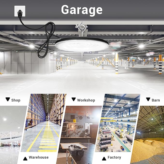 100W UFO Led High Bay Light(10 Pack),IP66 Waterproof,120VAC,15050LM 5000K Daylight Area Lighting,450W MH/HPS with Plug Commercial Bay Lighting for Warehouse/Shop/Workshop/Barn/Gym/Factory