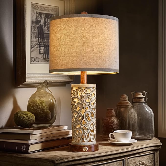 OYEARS 3-Way Dimmable 22'' USB A+C Touch Control Table Lamp Set of 2 with Nightlight for Living Room Bedroom Farmhouse Bedside Nightstand Lamps (Brown, Bulb Included)