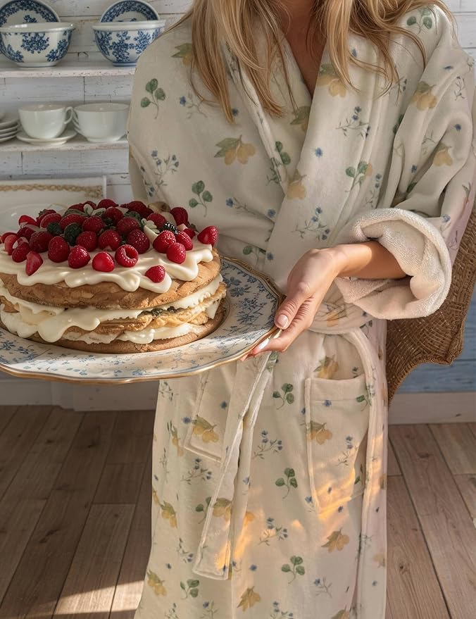 Women Fleece Floral Fruit Print Bathrobe Soft Flannel Lounge Robe Cute Fall Robe Lightweight Warm Gown with Belt