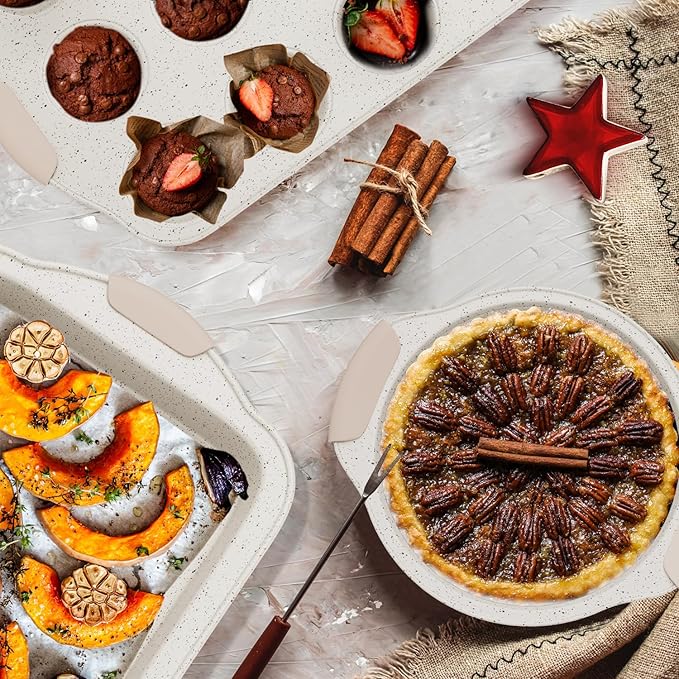 11-Piece Baking Pans Set Nonstick, Stackable Bakeware, Toxin-Free Baking Pans Set with Silicone Handles, Includes Cookie Sheets, Cake Pan, Loaf Pan, Pizza Pan, Muffin Pan, White&Khaki