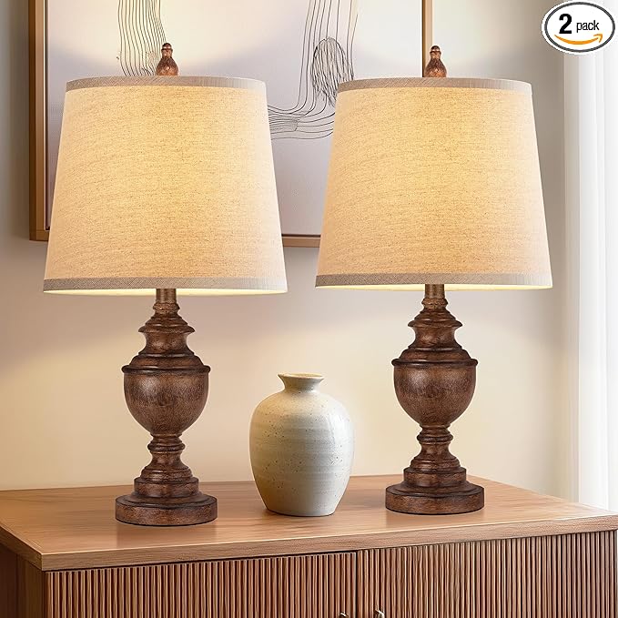 PARTPHONER Retro Table Lamps Set of 2, Bedside Lamp for Bedroom Rustic Farmhouse Table Lamps for Living Room, Vintage Nightstand Lamps with White Shades, Wood Grain