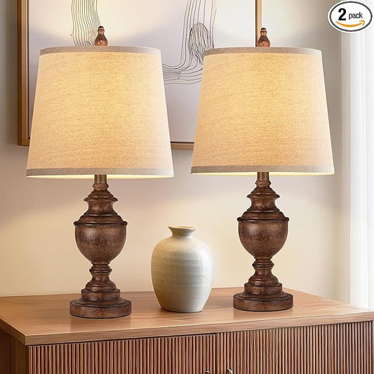 PARTPHONER Retro Table Lamps Set of 2, Bedside Lamp for Bedroom Rustic Farmhouse Table Lamps for Living Room, Vintage Nightstand Lamps with White Shades, Wood Grain