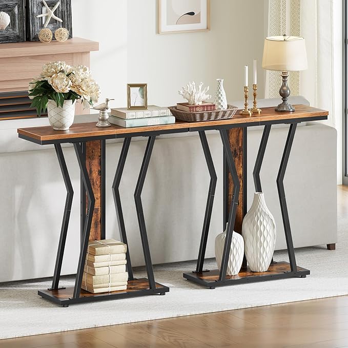HOOBRO Narrow Console Table, 29.5" Small Entryway Table with Storage, 2-Tier Behind Sofa Table, Modern Style, for Living Room, Hallway, Foyer, Bedroom, Rustic Brown and Black BF66XG01