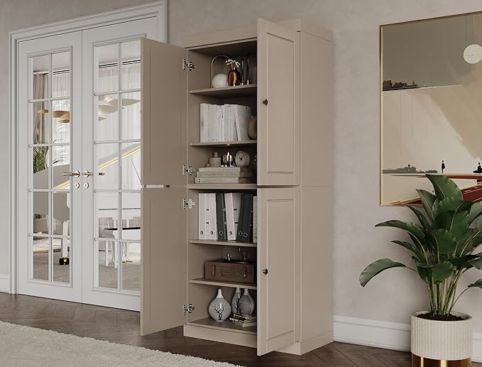 Palace Imports Solid Wood Bookcase - 6-Tier Bookshelf, 71.5” H - Beige, Wooden Cabinet Doors & Adjustable Shelves, Tall Bookcase for Living Room, 100% Renewable Eco-Friendly Wood, Made in Brazil