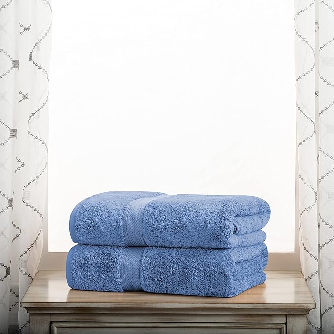 Superior Egyptian Cotton Pile Bath Towel Set of 2, Ultra Soft Luxury Towels, Thick Plush Essentials, Absorbent Heavyweight, Guest Bath, Hotel, Spa, Home Bathroom, Shower Basics, Denim Blue