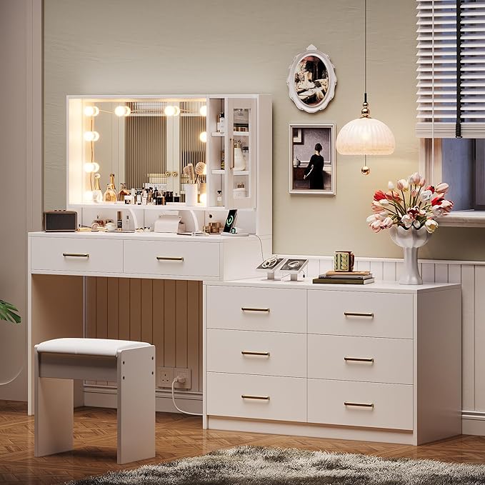 59" Makeup Desk with Drawers & Cabinet & Dresser, White Vanity Table with Drawer Dresser, Large Vanity Table with 8 Drawers, Vanity Desk with Large Mirror and 3-Color Lights for Girls, Dressing Table