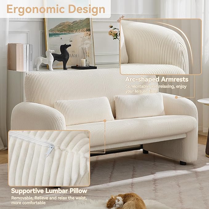 56'' Corduroy Loveseat Sofa, 2 Seater Love Seat Couch for Small Space, Comfy Upholstered Modern Leisure Loveseat Couches with Lumbar Pillows for Bedroom, Office, Living Room, White