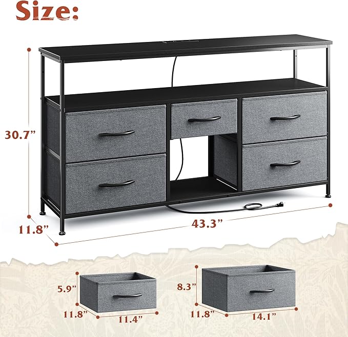 TV Stand Dresser with LED Lights & Power Outlets, Entertainment Center for 50" Inch TV, 5 Drawers TV Stand for Bedroom Dresser with Shelves for Living Room, Sturdy Metal Frame, Grey