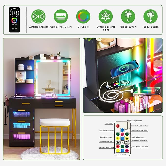 HENBC Vanity Desk with Sliding Mirror and Glass Desktop, LED Vanitys Mirror with RGB Lights Desk and Chair, Dressers Table Set with Charging Station/Makeup Organizer/6 Drawers for Bedroom(Black)