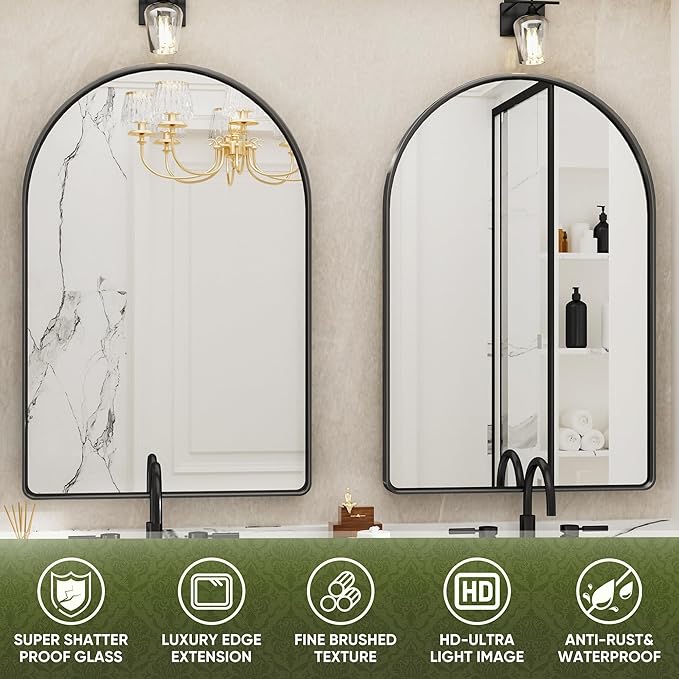 Suidia 24" x 36" Bathroom Mirror, Bathroom Vanity Mirror Metal Framed, Wall-Mounted Mirrors for Bedroom, Living Room, Entryway, Hallway, Black, Arch Style