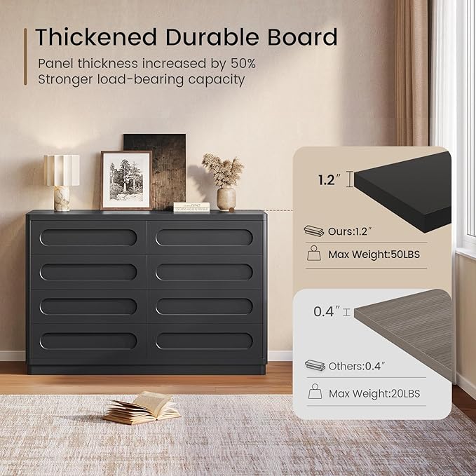 Black Dresser for Bedroom with 8 Drawers, 47.2" Wide Dresser for Closet with Deep Drawer, Large Wood TV Stand, Modern Chest of Drawers for Bedroom, Hallway