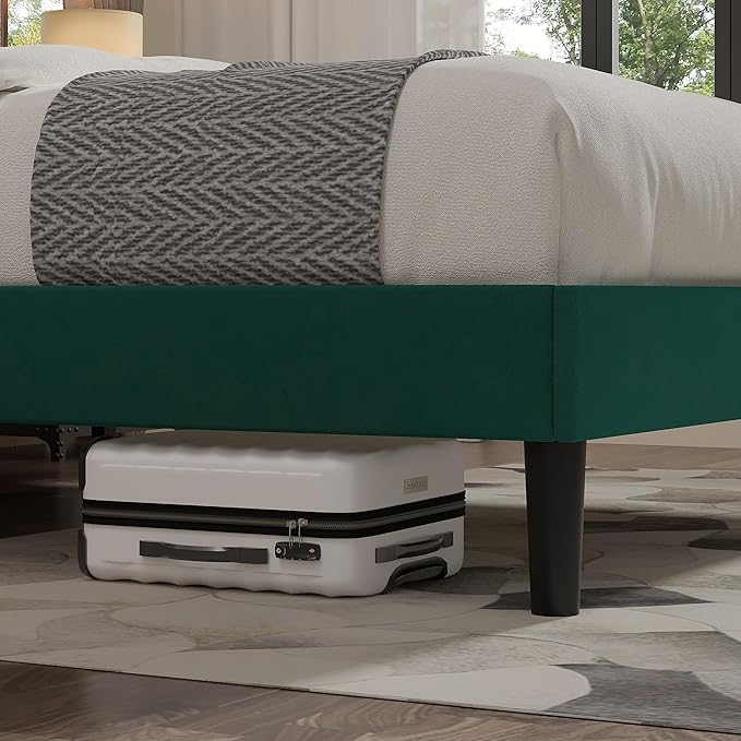 VECELO Full Size Bed Frame with Upholstered Headboard, Velvet Platform Bedframe Mattress Foundation, Strong Wood Slat Support, No Box Spring Needed,Green