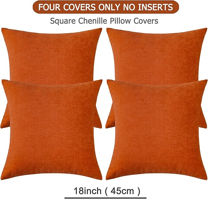 GAWAMAY Decorative Square Throw Pillow Covers 18"x18" Inch Set of 4, Super Soft Chenille Pillows Farmhouse Fall Pillowcase for Living Room Bedroom Sofa Couch Cushion Cover Burnt Orange 45x45cm