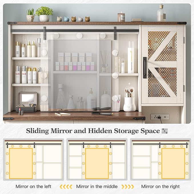 EnHomee 47.2" Farmhouse Makeup Vanity Desk with Sliding HD Mirror and Lights, White Vanity Table with 4 Drawers & RGB Cabinets, Modern Lighted Vanity Table for Bedroom, Antique White