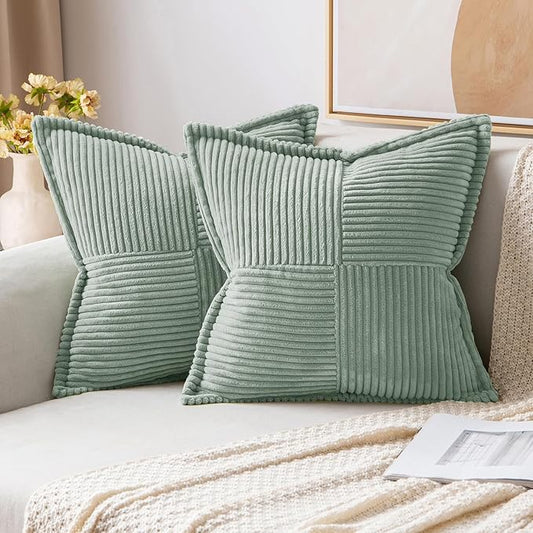 MIULEE Greyish Green Corduroy Decorative Euro Sham Pillow Covers 24x24 Inch with Splicing Set of 2 Soft Boho Pillow Covers Broadside Textured Summer Pillowcases for Couch Bed Livingroom