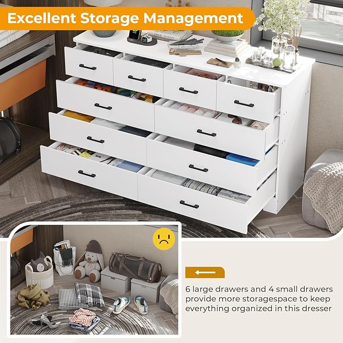 Hasuit 10 Drawer Dresser for Bedroom, Large Chest of Drawers with Charging Station, 55.1'' Wide Storage Clothes Closet Organizer, Long Dresser TV Stand for Living Room, White