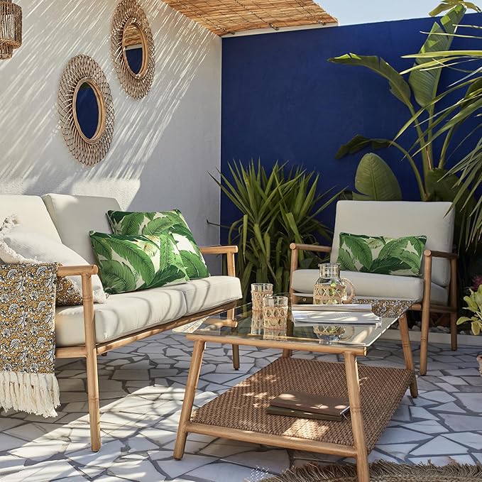 LVTXIII Set of 2 Patio Lumbar Pillows, 12”x20” Fade Resistant Outdoor Lumbar Pillow with Inners, Fluffy Decorative Garden Lumbar Cushions for Home Patio Coach Sofa Use, Swaying Palms Green