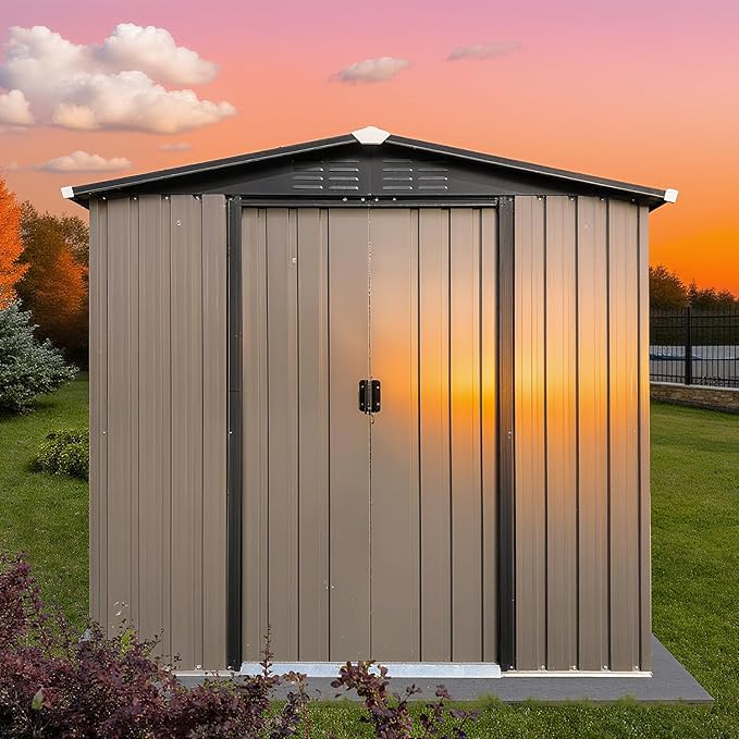 6 x 4 FT Outdoor Storage Metal Shed, Bike Garden Tool Shed with Slooping Roof, Lockable Doors and Aluminum Frames, Shed Easy to Assemble for Garden, Patio, Lawn, Brown