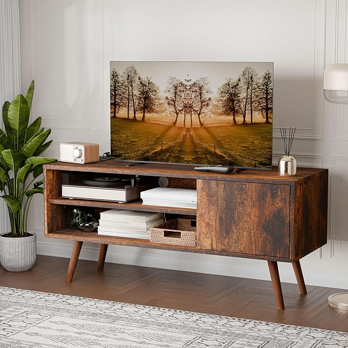 Cozy Castle TV Stand for 48 Inch TV, Mid Century Modern Entertainment Center with Storage Cabinet, TV Media Console for Living Room, Bedroom, Rustic Brown