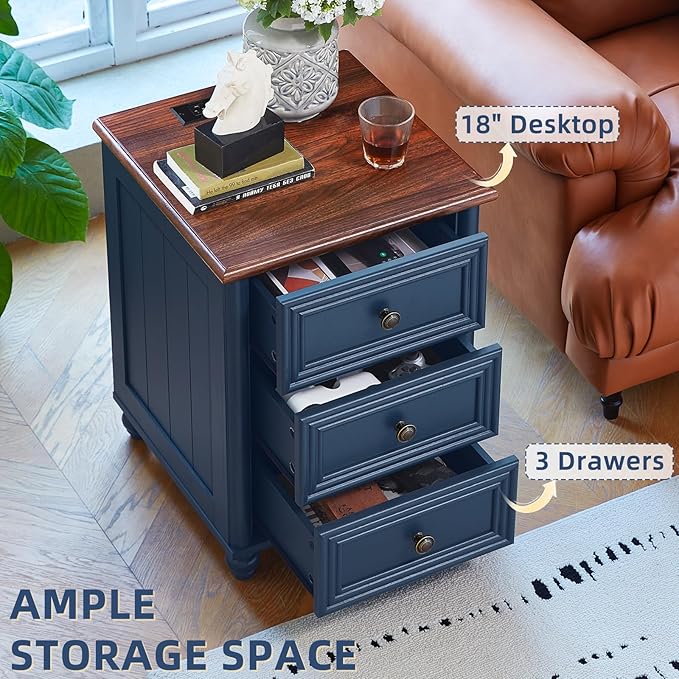 18" Farmhouse Night Stand Set 2 with Charger Station, Blue 2 & 3 Drawers Wood Nightstand, Bedside End Table with Storage and Roman Column, Bed Side Tables Cabinet for Bedroom, Living Room, and Closet