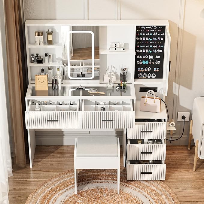 Large White Vanity Desk with Mirror and Lights，Vanity Table Makeup Vanity 5 Drawers with Power Strip Charging Station，Cushioned Stool for Bedroom, Dressing Room (White)