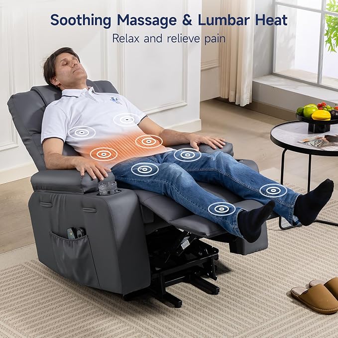 Power Lift Recliner Chair for Elderly with Massage & Heat, 160° Adjustable PU Leather Electric Recliner with Remote, Cup Holders, Side Pockets, and Stand Assist for Living Room, Bedroom (Gray)