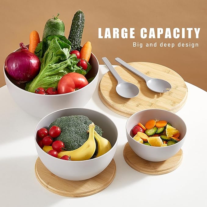 Salad Bowls Set of 3 with Lid & Serving Utensils, Bamboo Fiber Mixing Bowls Set Large Serving Bowls & Storage Set with Bamboo Lid for Salad, Kitchen Eating, Pasta, Popcorn, Chips, Fruit, Grey