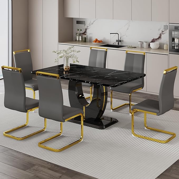 Dining Table Set for 6, Kitchen Table Chairs Set of 6, Modern Dining Room Set with 63 inch Marble Dinner Table PU Leather Upholstered Chairs for Dining Room Kitchen