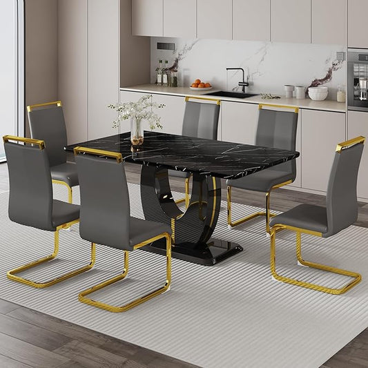 Dining Table Set for 6, Kitchen Table Chairs Set of 6, Modern Dining Room Set with 63 inch Marble Dinner Table PU Leather Upholstered Chairs for Dining Room Kitchen
