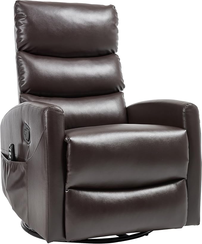 PELUMY Massage Recliner Chair with Heat - Manual Rocker Swivel Recliner, 360° Rotation & 155° Recline for Living Room（Breathable Leather, Brown）