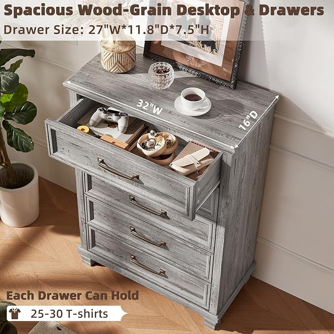 Farmhouse 5 Drawer Dresser for Bedroom, 45” Tall Dresser for Closet, Rustic Wooden Chests of Drawer for Bedroom, Hallway, Entryway, Grey