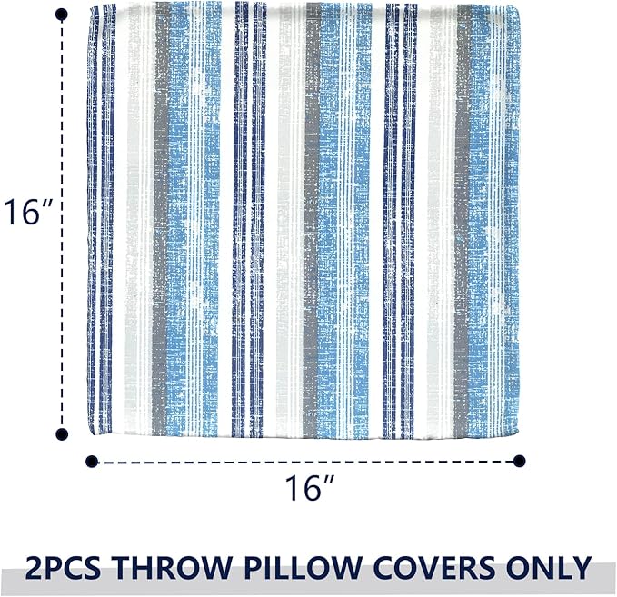 Outdoor Throw Pillow Covers 16x16 Inch, Square Patio Pillow Cases Pack of 2, Modern Decorative Back Cushion Covers for Patio Furniture Garden Couch Farmhouse, Stripe Layered Blue