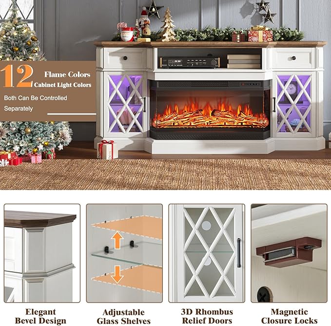 Farmhouse TV Stand with 3-Sided Glass Fireplace, 70" Entertainment Center for TVs up to 80", TV Stand with Glass Doors/Adjustable 12 Color Flame for Living Room, Distressed White