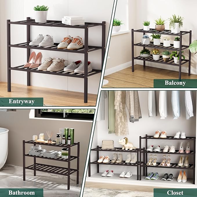 Smiry Shoe Rack, 4 Tier Long Bamboo Shoe Organizer, Stackable Free Standing Wooden Shoe Storage Shelf for Closet, Entryway, Front Door Entrance, Brown